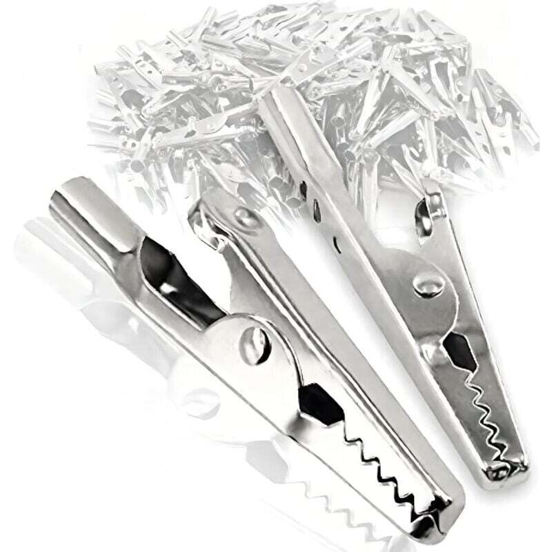 Image of Packung mit 50 Krokodilklemmen aus Metall. Krokodilklemmen für Labor- und elektrische Prüfarbeiten.