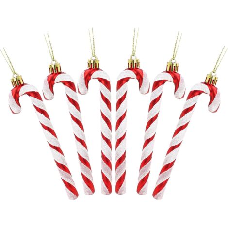 Packung mit 6 Stück 13 cm glitzernden Zuckerstangen-Weihnachtsbaumschmuck (Rot und Weiß)