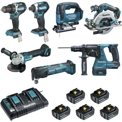 Packung mit 7 18-V-Maschinen – Bohrer DDF484 + Schraubendreher DTD154 + Schleifer DGA506 + Säge DHS680 + Locher DHR243 + Fräser DTM51 + Säge DJV182 – MAKITA – mit 5 Akkus 18 V 5 Ah + 2 Schnellladegerä