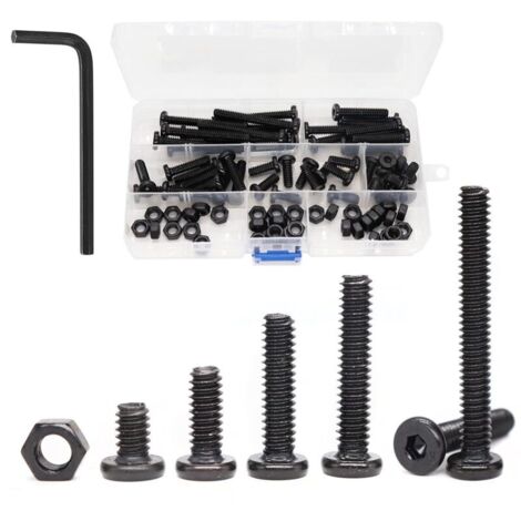 Packung mit 80 schwarzen Innensechskantschrauben (1/4"-20) und Sechskantmuttern (1/4"-20, 3/8", 5/8", 1", 1-1/4" und 2").