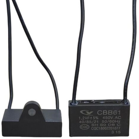 Packung mit fünf CBB61 1,2 µF 450 V Anlaufkondensatoren, mit Drähten, Allzweck-Arbeitskondensatoren, 35 mm Durchmesser, 85 °C Betriebstemperatur.