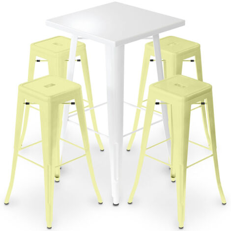 Packung Weißer Hockertisch und Packung mit 4 Barhockern - Industriedesign - Metall - Neuauflage - Bistrot Stylix Pastellgelb
