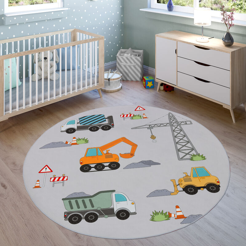 Tapis Chambre Enfant Bebe Fille Garcon Voitures Rue Antidérapant Moderne 200 cm rond - Paco Home