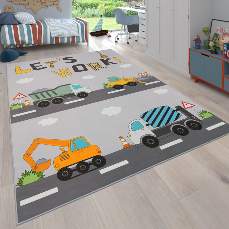 Tapis Chambre Enfant Fille Garcon Voitures Rue Antidérapant Gris Crème Jaune 160 cm rond - Paco Home