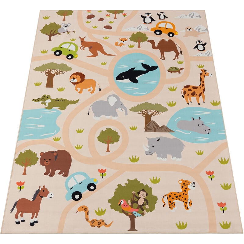 Paco Home - Tapis Chambre Fille Garcon Jungle Singe Motif Lion Antidérapant Crème Vert Jaune 80x150 cm