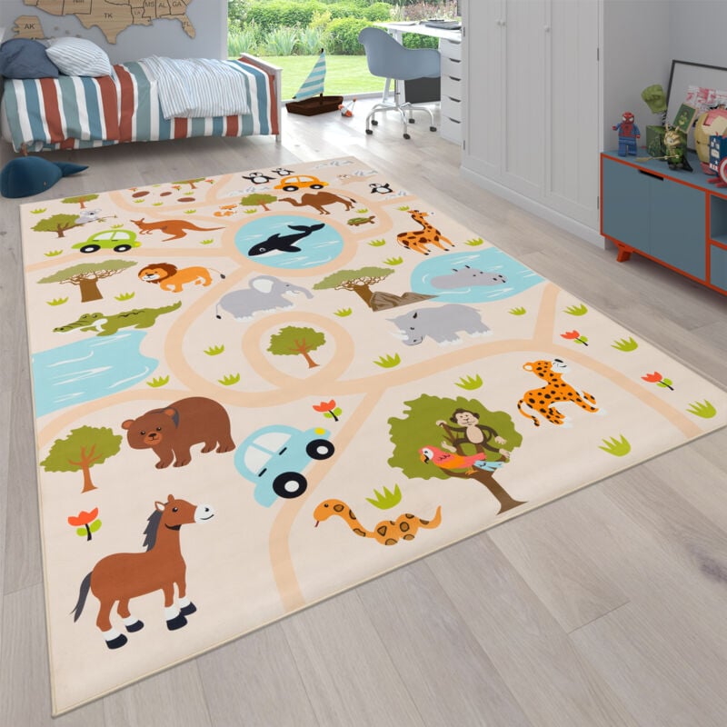 Tapis Chambre Fille Garcon Jungle Singe Motif Lion Antidérapant Crème Vert Jaune 200 cm rond - Paco Home