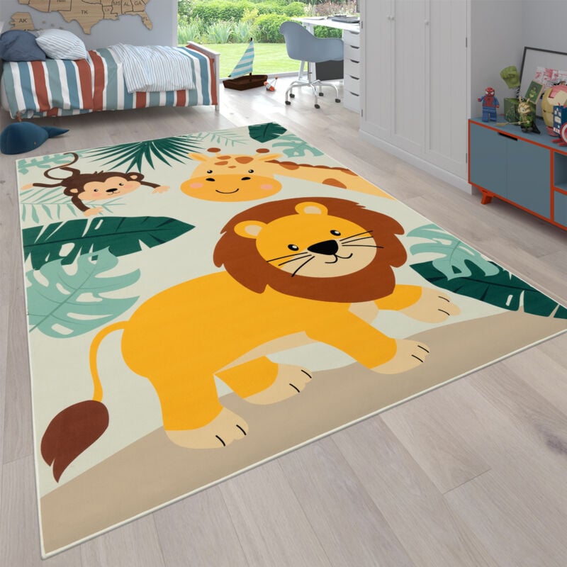 Tapis Chambre Enfant Bebe Fille Garcon Zoo Rue Antidérapant Beige Bleu Vert 200 cm rond - Paco Home