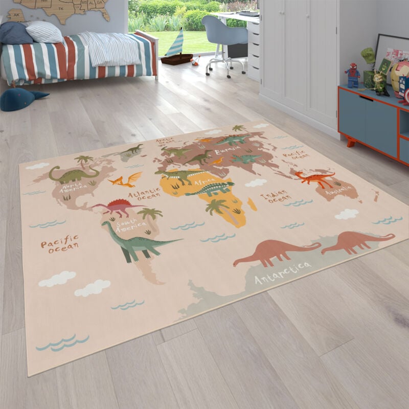 Tapis Chambre Enfant Bebe Fille Garcon Motif Animal Antidérapant Beige Marron 200 cm rond - Paco Home