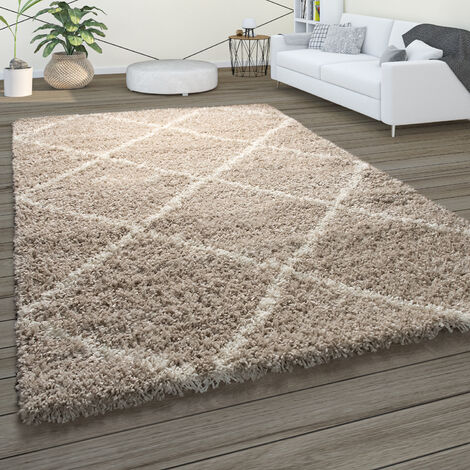 Paco Home Alfombra De Pelo Largo, Suave Salón Shaggy Estilo Escandinavo Motivo De Rombos 120x170 cm, Beige