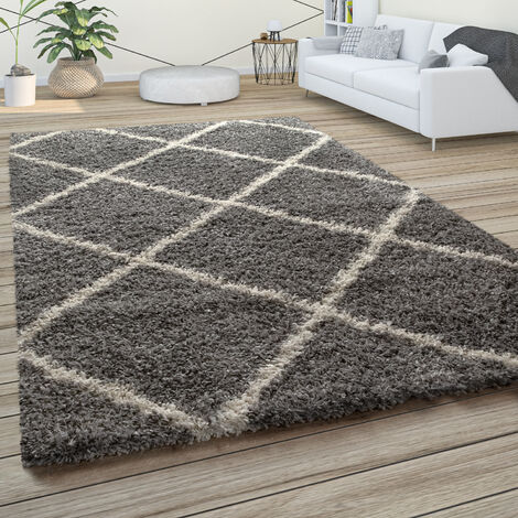 Paco Home Alfombra De Pelo Largo, Suave Salón Shaggy Estilo Escandinavo Motivo De Rombos 120x170 cm, Gris