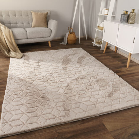 Paco Home Alfombra de sala con pelo corto, estilo escandinavo abstracto Japandi Boho, con efecto 3D, Uni Crema 120x160 cm, Beige 5