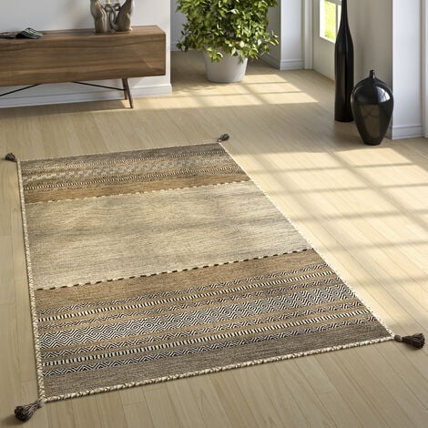 Paco Home Alfombra Diseño Kilim Tejida A Mano 100 % Algodón Moderna Estampada Beige 60x110 cm