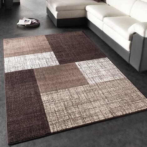 Paco Home Alfombra Diseño Moderna A Cuadros De Pelo Corto Mezcla En Marrón Crema 60x110 cm