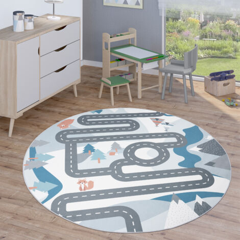 Paco Home Alfombra Infantil Redonda Habitación Infantil Alfombra Juego Carreteras Moderna Ø 200 cm redon, Crema