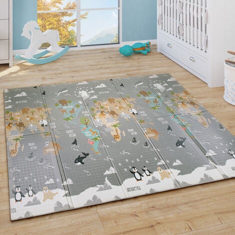 Paco Home Alfombra Juego Alfombra Gateo Bebé Plegable Lavable Reversible  Animal Crema Azul Gris 150x200 cm