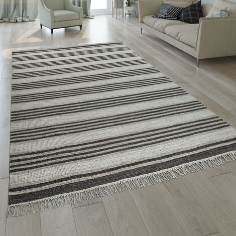 Paco Home Alfombra Kilim Tejida A Mano Diseño De Rayas Con Flecos De Alta Calidad En Gris 60x110 cm