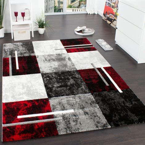 Paco Home Alfombra Moderna De Diseño Perfilado - A Cuadros En  Gris Negro Rojo 300x400 cm
