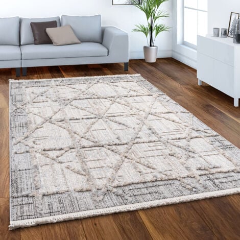 Paco Home Alfombra Pelo Corto Salon Motivo Boho Chic Dibujo Geometrico 3D Flecos Crema Ø 120 cm redon