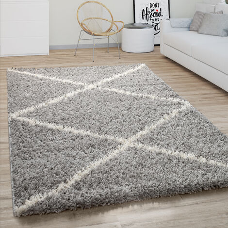 Paco Home Alfombra de Pelo Alto en la Sala de estar Shaggy Patrón de  Diamante Escandinavo Beige Grey 60x100 cm