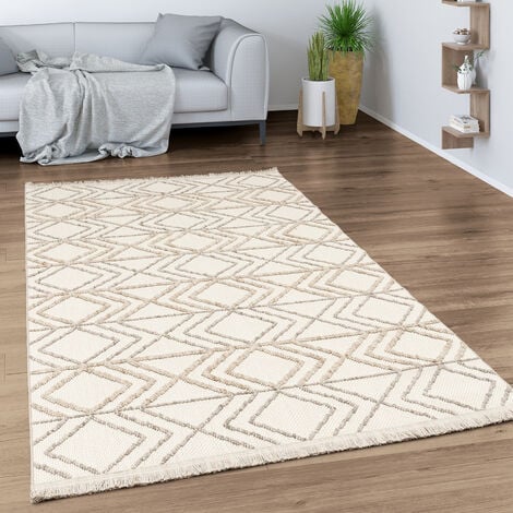 Paco Home Alfombra Salon De Habitacion Pelo Corto Boho Chic Dibujo Geometrico Con Flecos 80x150 cm, Crema 3
