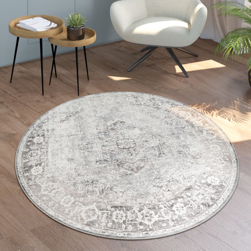 Tapis Salon Chambre Adulte Tissage Plat Rond Moderne Oriental Vintage Lavable Beige, 120 cm rond - Paco Home