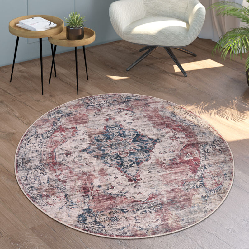 Tapis Salon Chambre Adulte Tissage Plat Rond Moderne Oriental Vintage Lavable Rouge, 160 cm rond - Paco Home