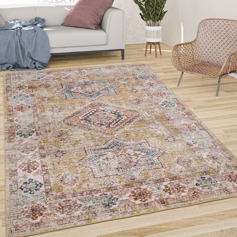 Paco Home Alfombra Salón Pelo Corto Vintage Oriental Con Ribete Moderna Amarillo Rojo 60x100 cm