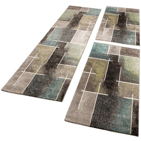 Paco Home Alfombras De Pasillo Diseño Moderno Multicolor Gris Turquesa Verde Kit 3 Piezas