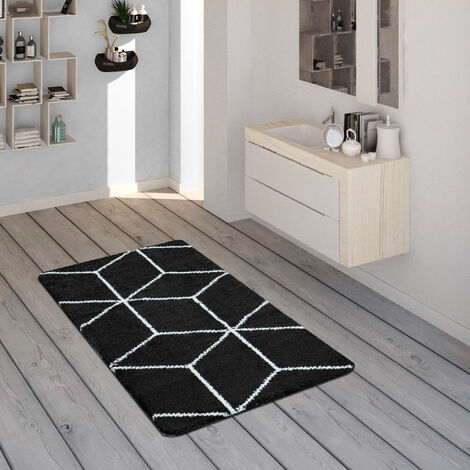 Paco Home Badematte Mit Rauten-Muster, Kurzflor-Teppich Für Badezimmer In Schwarz Weiß 40x55 cm