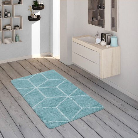 Paco Home Badematte Mit Rauten-Muster, Kurzflor-Teppich Für Badezimmer In Türkis Weiß
