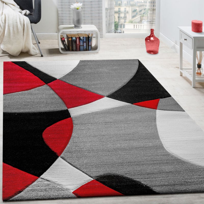 Créateur Tapis Moderne Géométrique Motif Découpe Des Contours En Rouge Noir Gris 80x300 cm - Paco Home