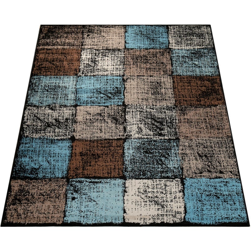 Créateur Tapis Salon Original Combinaison De Couleurs Carreaux Turquoise Brun Crème 70x250 cm - Paco Home