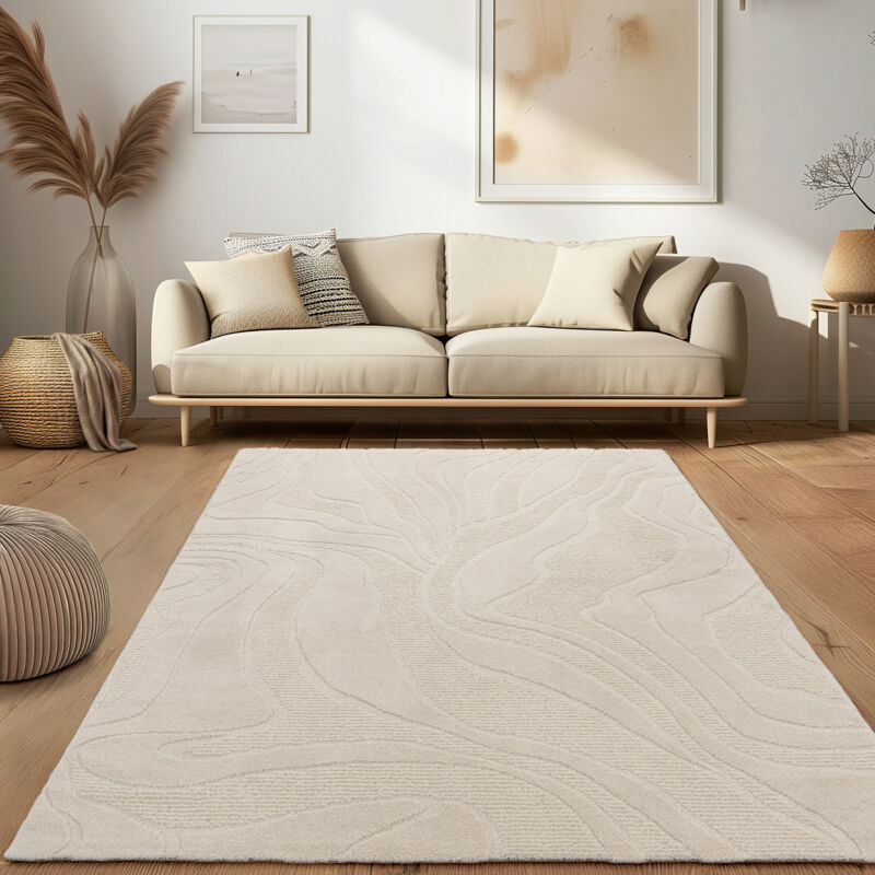 Tapis De Salon Scandinave Court Japandi Boho Motif Abstrait 3D Uni Crème 120x160 cm - Paco Home