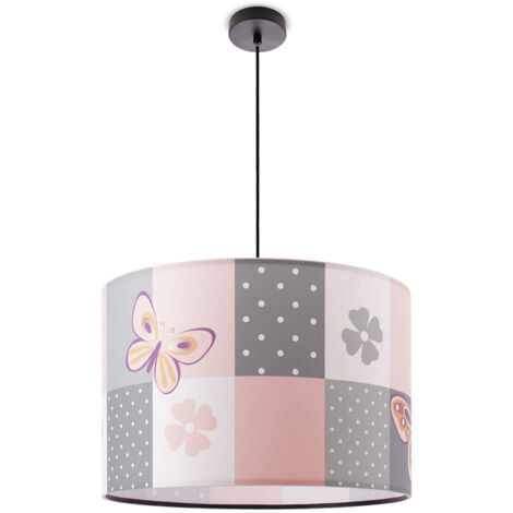 Paco Home Deckenlampe Kinder Pendelleuchte Kinderzimmer Stoffschirm Rund Bunt Baby E27 Pendelleuchte - Schwarz, Creme (Ø45,5cm)