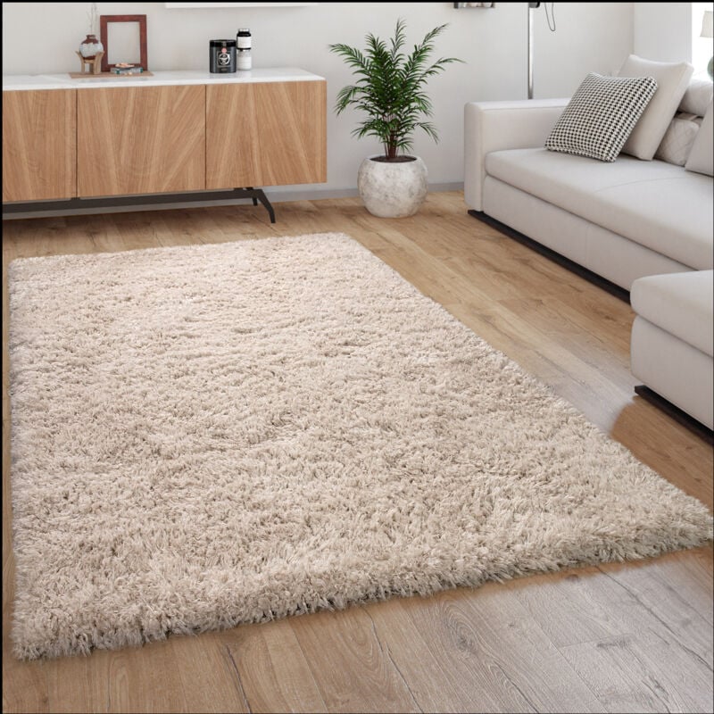 Hochflor Teppich Kuschelig Modern Shaggy Flokati Stil Gemütlich Uni In Beige 80x150 cm - Paco Home