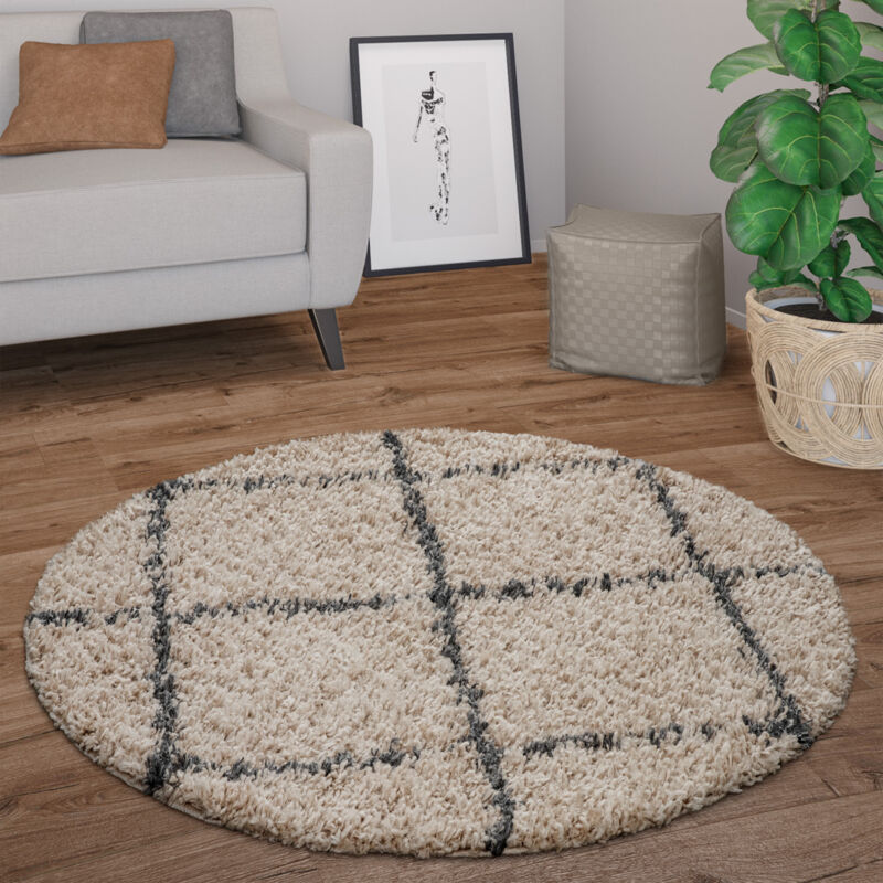 Paco Home - Hochflor Teppich Rund Wohnzimmer Moderner Shaggy Langflor Skandi Rauten 200 Cm Rund, Beige-anthracite