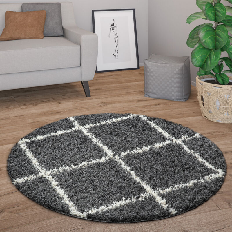 Paco Home - Hochflor Teppich Rund Wohnzimmer Moderner Shaggy Langflor Skandi Rauten Anthrazit, 200 Cm Rund