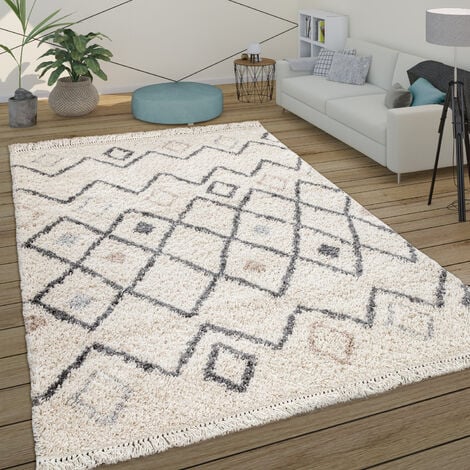 Paco Home Hochflor Teppich Shaggy Langflor Wohnzimmer Skandi Rauten Muster Modern Beige 60x100 cm