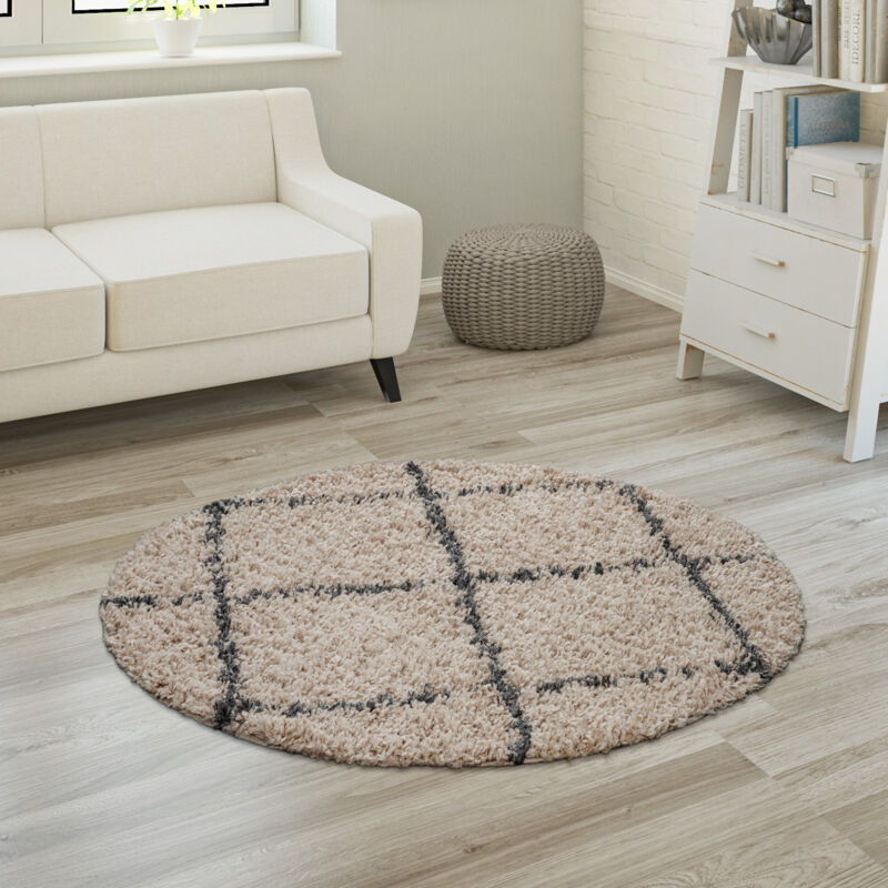 Paco Home - Hochflor Teppich Weicher Wohnzimmer Shaggy Skandinavischer Stil Rautenmuster Ø 200 Cm Rund, Beige-anthrazit