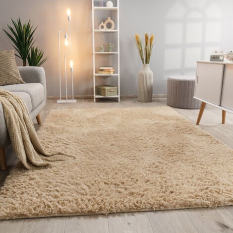 Paco Home Hochflor Teppich Wohnzimmer Fellteppich Kunstfell Flauschig Rutschfest Beige 60x100 cm