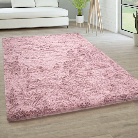 Paco Home Hochflor Teppich Wohnzimmer Fellteppich Kunstfell Shaggy Flauschig Einfarbig 140x200 cm, Alt-Rosa