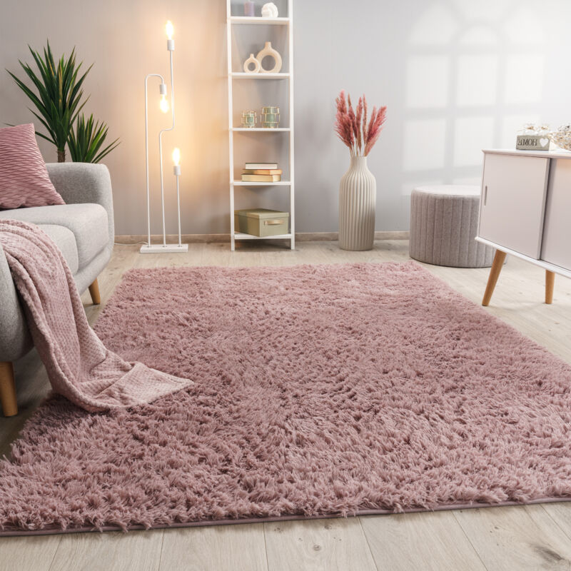 Paco Home Hochflor Teppich Wohnzimmer Fellteppich Kunstfell Shaggy Flauschig Einfarbig 160x220 Cm, Alt-rosa
