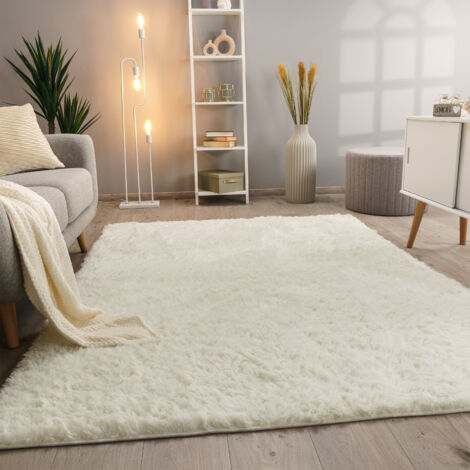 Paco Home Hochflor Teppich Wohnzimmer Fellteppich Kunstfell Shaggy Flauschig Einfarbig 80x150 cm, Weiß