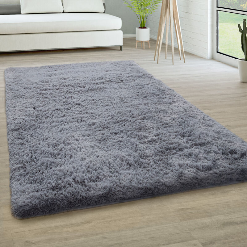 Paco Home - Hochflor Teppich Wohnzimmer Fellteppich Kunstfell Shaggy Flauschig Einfarbig Grau, 120 Cm Rund