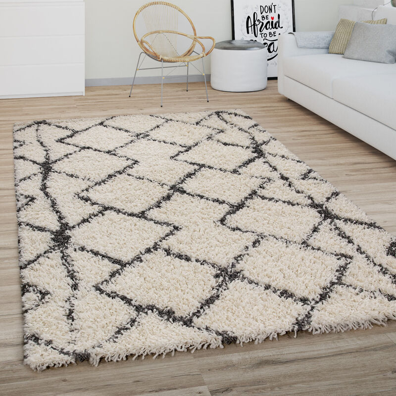 Paco Home Hochflor Teppich Wohnzimmer Shaggy Langflor Modernes Boho Skandi Rauten Muster 100x200 cm, Creme Anthrazit 2