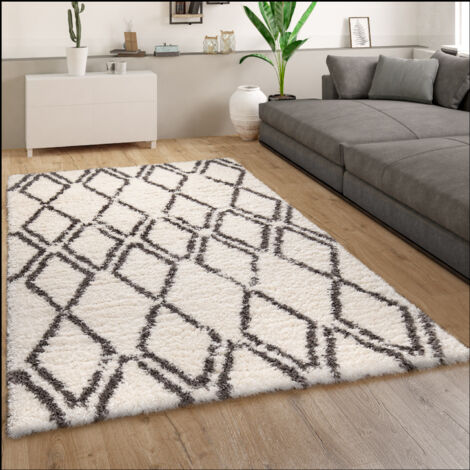 Paco Home Hochflor Teppich Wohnzimmer Shaggy Langflor Skandi Rauten Muster Grau Creme 80x150 cm
