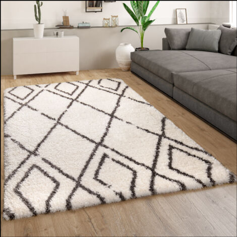 Paco Home Hochflor Teppich Wohnzimmer Shaggy Langflor Skandinavisch Rautenmuster Creme Grau 60x90 cm