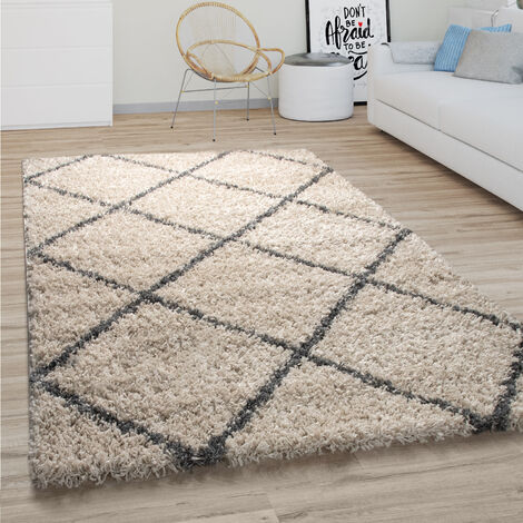 Paco Home Hochflor Teppich Wohnzimmer Shaggy Skandinavisches Rauten Muster Beige Grau 100x200 cm