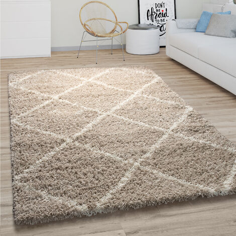 Paco Home Hochflor Teppich Wohnzimmer Shaggy Skandinavisches Rauten Muster Modern In Beige 120x170 cm