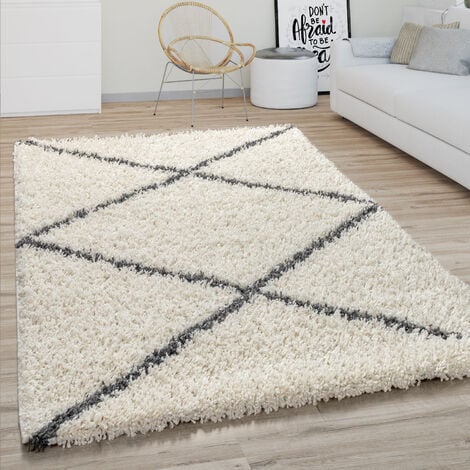 Paco Home Hochflor Teppich Wohnzimmer Shaggy Skandinavisches Rauten Muster, Modern In Creme 120x170 cm